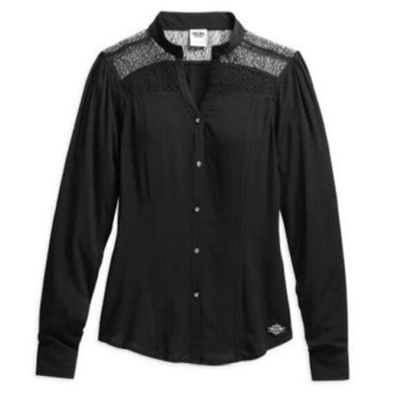 Harley Davidson Mixed Media Lace Velvet Button Top Sz M Black Rhinestone Tunic - Picture 1 of 6